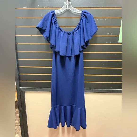 LuLaRoe Cici Ruffle Neck Stretch Dress Blue Size 2XL - Picture 3 of 3